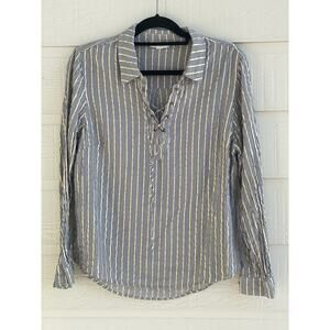 Westport ladies lace up front blouse XL navy gold stripe long sleeve